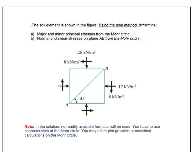 The soil element is shown in the figure. Using the pole method, drtermine:
a) Major and minor principal stresses from the Mohr circle
b) Normal and shear stresses on plane AB from the Mohr Ch al :.
26 kN/m2
8 kN/m2-
17 kN/m2
8 kN/m2
45°
Note: In the solution, no readily available formulas will be used. You have to use
characteristics of the Mohr circle. You may either plot graphics or analytical
calculations on the Mohr circle.
