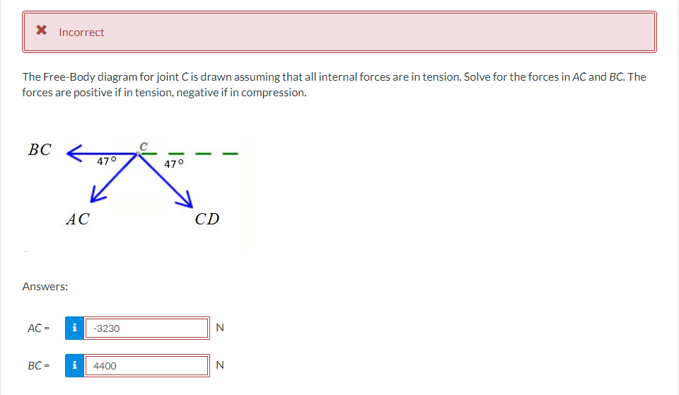 * Incorrect
The Free-Body diagram for joint C is drawn assuming that all internal forces are in tension. Solve for the forces in AC and BC. The
forces are positive if in tension, negative if in compression.
BC
Answers:
AC =
BC=
AC
47°
7
i
-3230
4400
47°
CD
N
N