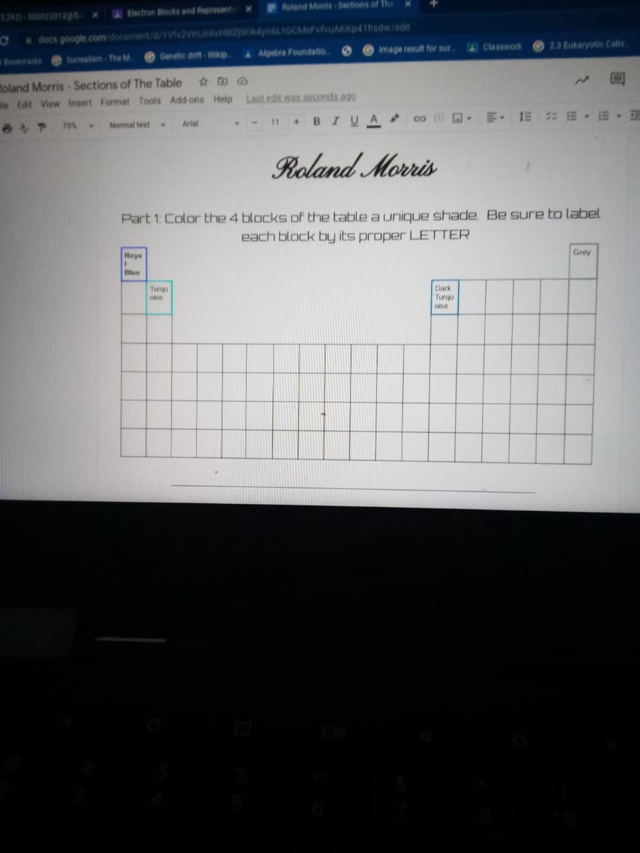FRoland Moris Sections of The
5.592)-500022012gn
Electron Blocks and Represent x
docs google.com/document/d/1vfx2VmJcovH82sok4yn6LtGCMefvfvuAKKp41hsdw/edit
AClasswork
2.3 Eukaryotic Cells
1 Algebra Foundatio.
Image result for sur..
Bookmarks Surrealism-The M.
Genetic drift-WIkip.
Roland Morris- Sections of The Table
le Edit View Insert Format Tools Add-ons Help
Last edit was seconds ago
+BIU A
1E E E E
647
75%
Normal text
4.
Artal
11
Roland Morris
Part 1: Color the 4 blocks of the table a unique shade. Be sure to label
each block by its proper LETTER
Roya
Grey
Blue
Turqu
Dark
oise
Turqu
oise

