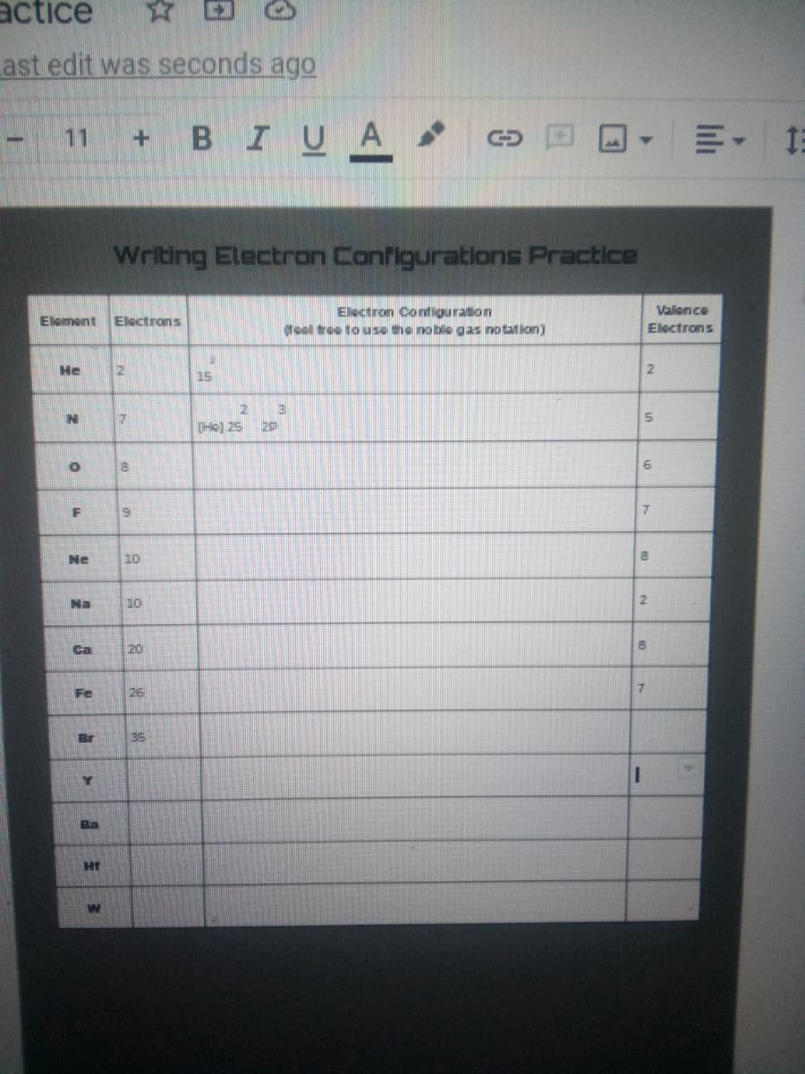 actice
ast edit was seconds ago
+ BIUA
叫。 1:
11
Writing Electron Configurations Practice
Electron Configuration
teol troe to use the noble gas notation)
Valen ce
Element
Electrons
Electrons
He
15
(H] 25
2p
F
Ne
10
Ha
10
20
Fe
26
Br
35
Ba
HT
