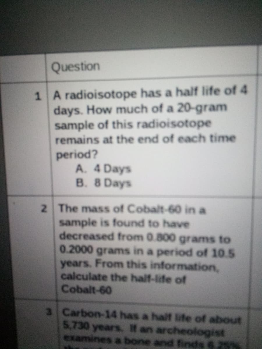 Question
1 A radioisotope has a half life of 4
days. How much of a 20-gram
sample of this radioisotope
remains at the end of each time
period?
A. 4 Days
B. 8 Days
2 The mass of Cobalt-60 in a
sample is found to have
decreased from 0.800 grams to
0.2000 grams in a period of 10.5
years. From this information,
calculate the half-life of
Cobalt-60
3 Carbon-14 has a half life of about
5,730 years. It an archeologist
examines a bone and finds 6.25%
