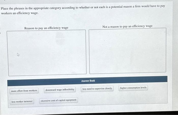 Place the phrases in the appropriate category according to whether or not each is a potential reason a firm would have to pay
workers an efficiency wage.
Reason to pay an efficiency wage
more effort from workers
less worker turnover
downward wage inflexibility
excessive cost of capital equipment
Answer Bank
Not a reason to pay an efficiency wage
less need to supervise closely
higher consumption levels