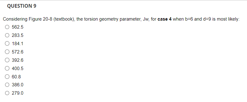 QUESTION 9
Considering Figure 20-8 (textbook), the torsion geometry parameter, Jw, for case 4 when b-6 and d=9 is most likely:
562.5
283.5
184.1
572.6
392.6
400.5
60.8
386.0
279.0