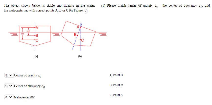 The object shown below is stable and floating in the water.
(1) Please match center of gravity cg. the center of buoyancy cz, and
the metacenter mc with correct points A, B or C for Figure (b).
A
H2
H1
B
B,
(a)
B. v Center of gravity cg
A. Point B
C. v Center of buoyancy Cp
B. Point C
C. Point A
A. V Metacenter mc
