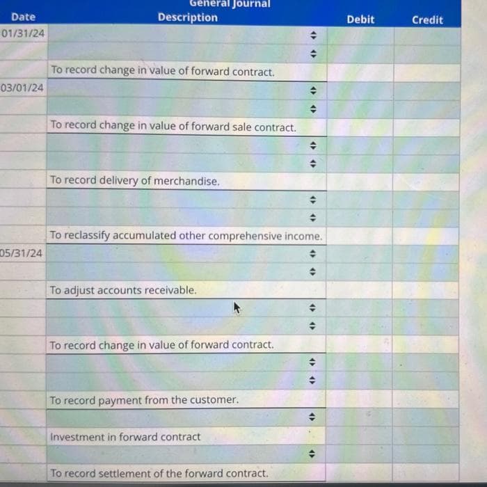 Date
01/31/24
03/01/24
05/31/24
General Journal
Description
To record change in value of forward contract.
To record change in value of forward sale contract.
To record delivery of merchandise.
To adjust accounts receivable.
To record change in value of forward contract.
To record payment from the customer.
Investment in forward contract
4
To record settlement of the forward contract.
"
♦
To reclassify accumulated other comprehensive income.
♦
÷
<
<>
O
<>
O
÷
<
<>
<>
4)
Debit
Credit