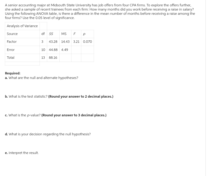 A senior accounting major at Midsouth State University has job offers from four CPA firms. To explore the offers further,
she asked a sample of recent trainees from each firm: How many months did you work before receiving a raise in salary?
Using the following ANOVA table, is there a difference in the mean number of months before receiving a raise among the
four firms? Use the 0.05 level of significance.
Analysis of Variance
Source
Factor
Error
Total
df SS
MS F P
3 43.28 14.43 3.21 0.070
10 44.88 4.49
13 88.16
Required:
a. What are the null and alternate hypotheses?
b. What is the test statistic? (Round your answer to 2 decimal places.)
e. Interpret the result.
c. What is the p-value? (Round your answer to 3 decimal places.)
d. What is your decision regarding the null hypothesis?