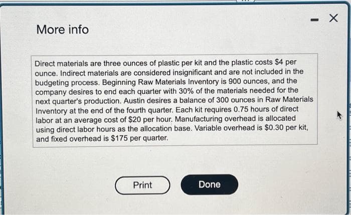 More info
Direct materials are three ounces of plastic per kit and the plastic costs $4 per
ounce. Indirect materials are considered insignificant and are not included in the
budgeting process. Beginning Raw Materials Inventory is 900 ounces, and the
company desires to end each quarter with 30% of the materials needed for the
next quarter's production. Austin desires a balance of 300 ounces in Raw Materials
Inventory at the end of the fourth quarter. Each kit requires 0.75 hours of direct
labor at an average cost of $20 per hour. Manufacturing overhead is allocated
using direct labor hours as the allocation base. Variable overhead is $0.30 per kit,
and fixed overhead is $175 per quarter.
Print
- X
Done