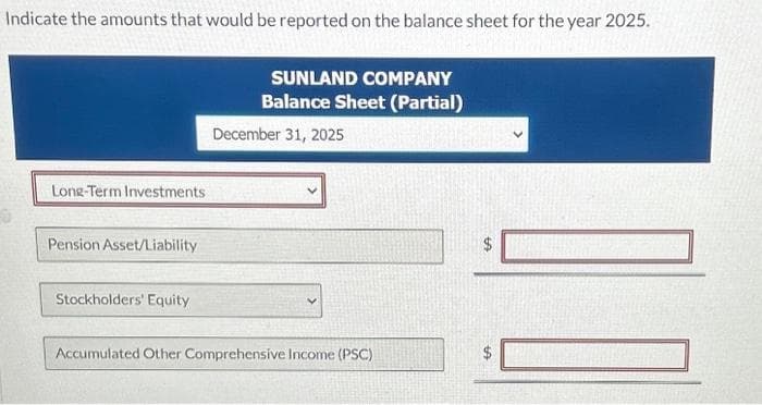 Indicate the amounts that would be reported on the balance sheet for the year 2025.
Long-Term Investments
Pension Asset/Liability
Stockholders' Equity
SUNLAND COMPANY
Balance Sheet (Partial)
December 31, 2025
Accumulated Other Comprehensive Income (PSC)