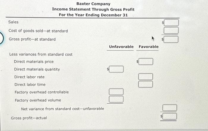 Baxter Company
Income Statement Through Gross Profit
For the Year Ending December 31
Sales
Cost of goods sold-at standard
Gross profit-at standard
Less variances from standard cost
Direct materials price
Direct materials quantity
Direct labor rate
Direct labor time
Factory overhead controllable
Factory overhead volume
Net variance from standard cost-unfavorable
Gross profit-actual
Unfavorable Favorable