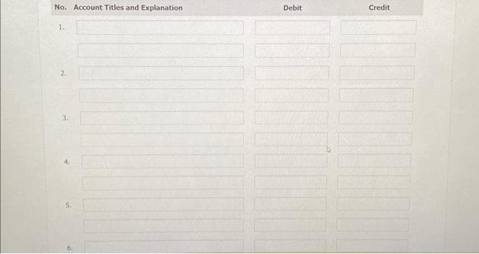 No. Account Titles and Explanation
1.
2.
3.
5.
6.
Debit
Credit