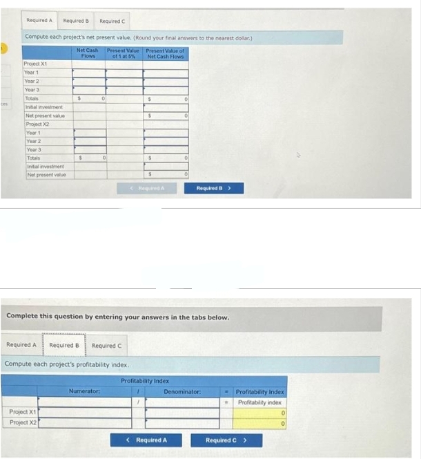 ces
Required A Required B Required C
Compute each project's net present value. (Round your final answers to the nearest dollar.)
Net Cash
Flows
Present Value of
Net Cash Flows
Project X1
Year 1
Year 2
Year 3
Totals
Intial investment
Net present value
Project X2
Year 1
Year 2
Year 3
Totals
Initial investment
Net present value
$
$
Project X1
Project X2
0
0
Numerator:
Present Value
of 1 at 5%
Required A Required B Required C
Compute each project's profitability index.
$
$
$
< Required A
Complete this question by entering your answers in the tabs below.
Profitability Index
0
Required B >
Required A
Denominator:
..
Required C
Profitability Index
Profitability index
0