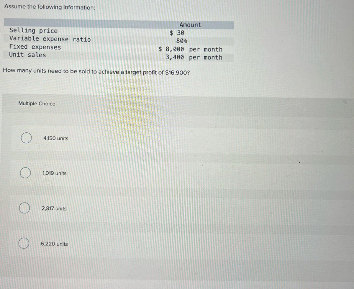 Assume the following information:
Selling price
Variable expense ratio
Fixed expenses
Unit sales
Multiple Choice
O
O
How many units need to be sold to achieve a target profit of $16,900?
4,150 units
1,019 units
2,817 units
Amount
6,220 units
$30
80%
$ 8,000 per month
3,400 per month