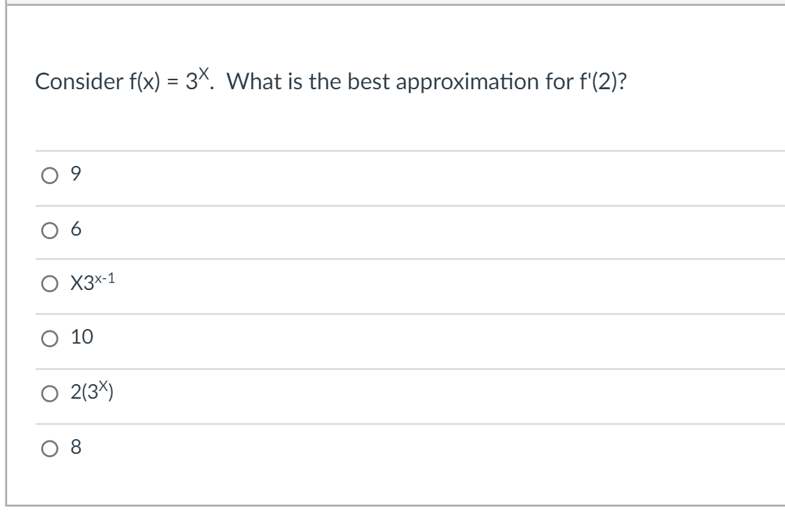 Consider f(x) = 3X. What is the best approximation for f'(2)?
