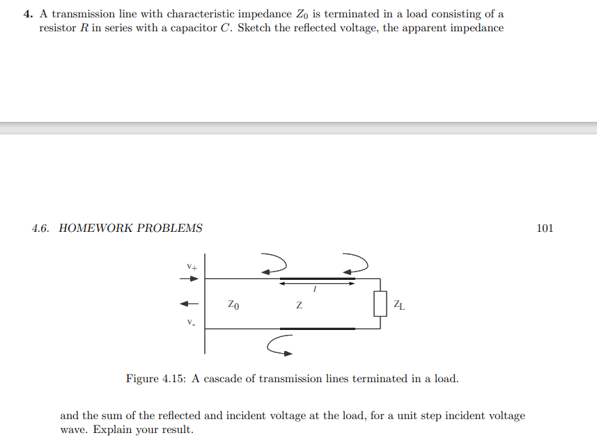 4. A transmission line with characteristic impedance Zo is terminated in a load consisting of a
resistor R in series with a capacitor C. Sketch the reflected voltage, the apparent impedance
4.6. HOMEWORK PROBLEMS
Zo
Z
ZL
Figure 4.15: A cascade of transmission lines terminated in a load.
and the sum of the reflected and incident voltage at the load, for a unit step incident voltage
wave. Explain your result.
101