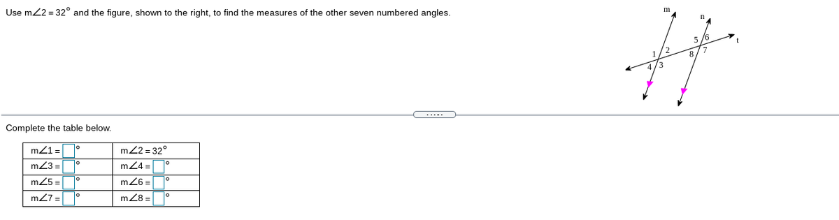 Use m2 = 32° and the figure, shown to the right, to find the measures of the other seven numbered angles.
n
Complete the table below.
mZ1 =
m22 = 32°
m23 =
mZ4 =°
m25 =
m26 =
m27 =
m28 =
