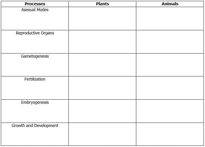 Processes
Plants
Animals
Asexual Modes
Reproductive Organs
Gametogenesis
Fertilization
Embryogenesis
Growth and Development
