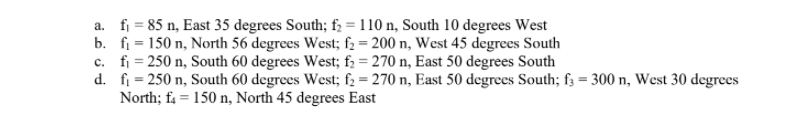 a. fi = 85 n, East 35 degrees South; f; = 110 n, South 10 degrees West
b. fi = 150 n, North 56 degrees West; f2 = 200 n, West 45 degrees South
c. fi = 250 n, South 60 degrees West; f; = 270 n, East 50 degrees South
d. fi = 250 n, South 60 degrees West; fz = 270 n, East 50 degrees South; f3 = 300 n, West 30 degrees
North; fa = 150 n, North 45 degrees East
%3D
%3!
%3D
