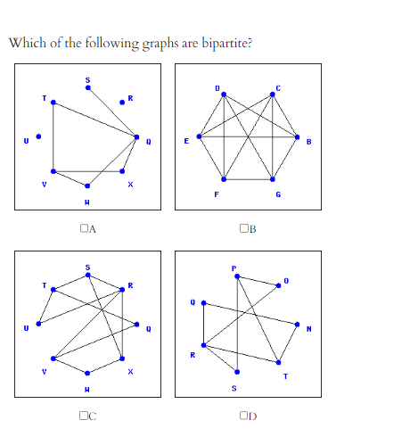 Which of the following graphs are bipartite?
H
OA
S
H
DC
X
R
X
0
F
S
B
G
3