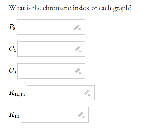 What is the chromatic index of each graph?
P8
CA
Cg
K11,14
K14
-D