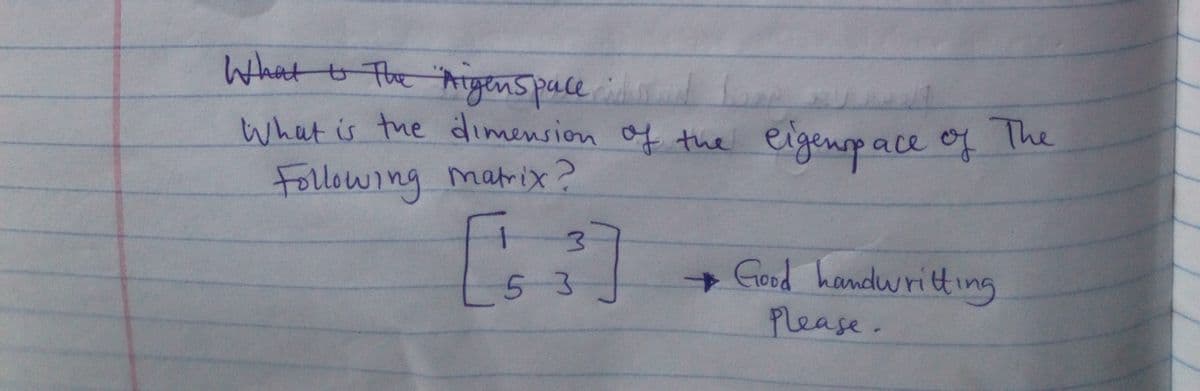 What t The Aie Lue
genspace
what is the dimension of the eigenpace
o The
Following marix?
+ Good handwritting
53
Please.
