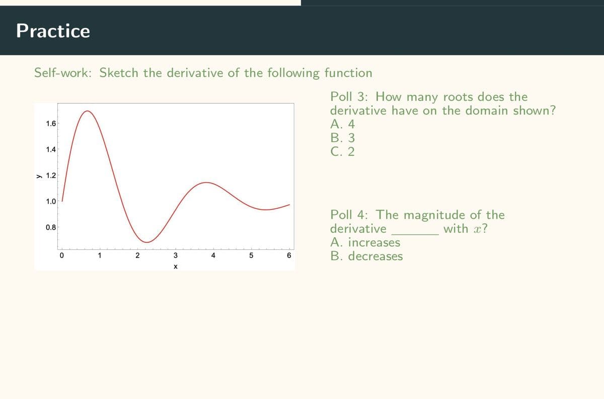 Practice
Self-work: Sketch the derivative of the following function
1.6
1.4
1.2
1.0
0.8
0
1
2
3
X
4
5
6
Poll 3: How many roots does the
derivative have on the domain shown?
A. 4
B. 3
C. 2
Poll 4: The magnitude of the
derivative
with x?
A. increases
B. decreases