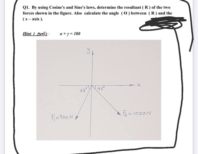 Q1. By using Cosine's and Sine's laws, determine the resultant ( R) of the two
forces shown in the figure. Also calculate the angle (e) between (R) and the
(x- axis ).
Hint (at)
a +y = 180
65
45
F= 900N
=1000N
