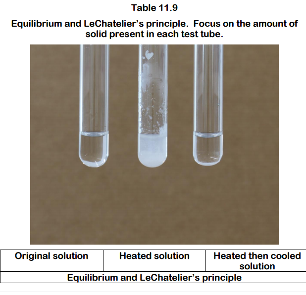 Table 11.9
Equilibrium and LeChatelier's principle. Focus on the amount of
solid present in each test tube.
Heated solution Heate
then cooled
solution
Original solution
Equilibrium and LeChatelier's principle
