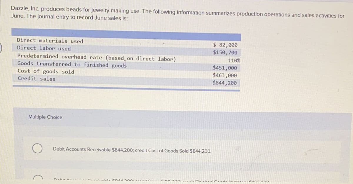 Dazzle, Inc. produces beads for jewelry making use. The following information summarizes production operations and sales activities for
June. The journal entry to record June sales is:
Direct materials used
$ 82,000
$150,700
Direct labor used
Predetermined overhead rate (based on direct labor)
Goods transferred to finished goods
Cost of goods sold
110%
$451,000
$463,000
$844,200
Credit sales
Multiple Choice
Debit Accounts Receivable $844,200; credit Cost of Goods Sold $844,200.
