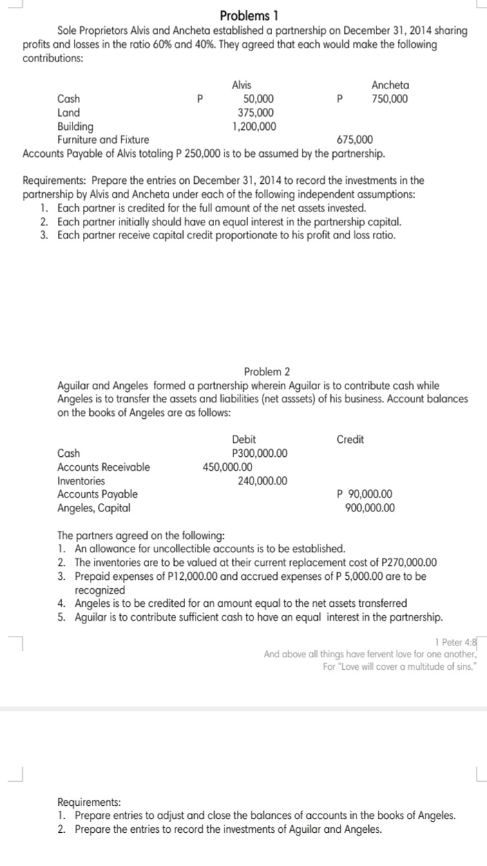 Problems 1
Sole Proprietors Alvis and Ancheta established a partnership on December 31, 2014 sharing
profits and losses in the ratio 60% and 40%. They agreed that each would make the following
contributions:
Alvis
50,000
375,000
1,200,000
Ancheta
Cash
P
750,000
Land
Building
Furniture and Fixture
675,000
Accounts Payable of Alvis totaling P 250,000 is to be assumed by the partnership.
Requirements: Prepare the entries on December 31, 2014 to record the investments in the
partnership by Alvis and Ancheta under each of the following independent assumptions:
1. Each partner is credited for the full amount of the net assets invested.
2. Each partner initially should have an equal interest in the partnership capital.
3. Each partner receive capital credit proportionate to his profit and loss ratio.
Problem 2
Aguilar and Angeles formed a partnership wherein Aguilar is to contribute cash while
Angeles is to transfer the assets and liabilities (net asssets) of his business. Account balances
on the books of Angeles are as follows:
Debit
Credit
Cash
P300,000.00
Accounts Receivable
Inventories
450,000.00
240,000.00
Accounts Payable
Angeles, Capital
P 90,000.00
900,000.00
The partners agreed on the following:
1. An allowance for uncollectible accounts is to be established.
2. The inventories are to be valued at their current replacement cost of P270,000.00
3. Prepaid expenses of P12,000.00 and accrued expenses of P 5,000.00 are to be
recognized
4. Angeles is to be credited for an amount equal to the
5. Aguilar is to contribute sufficient cash to have an equal interest in the partnership.
assets transferred
1 Peter 4:8
And above all things have fervent love for one another,
For "Love will cover a multitude of sins."
Requirements:
1. Prepare entries to adjust and close the balances of accounts in the books of Angeles.
2. Prepare the entries to record the investments of Aguilar and Angeles.
