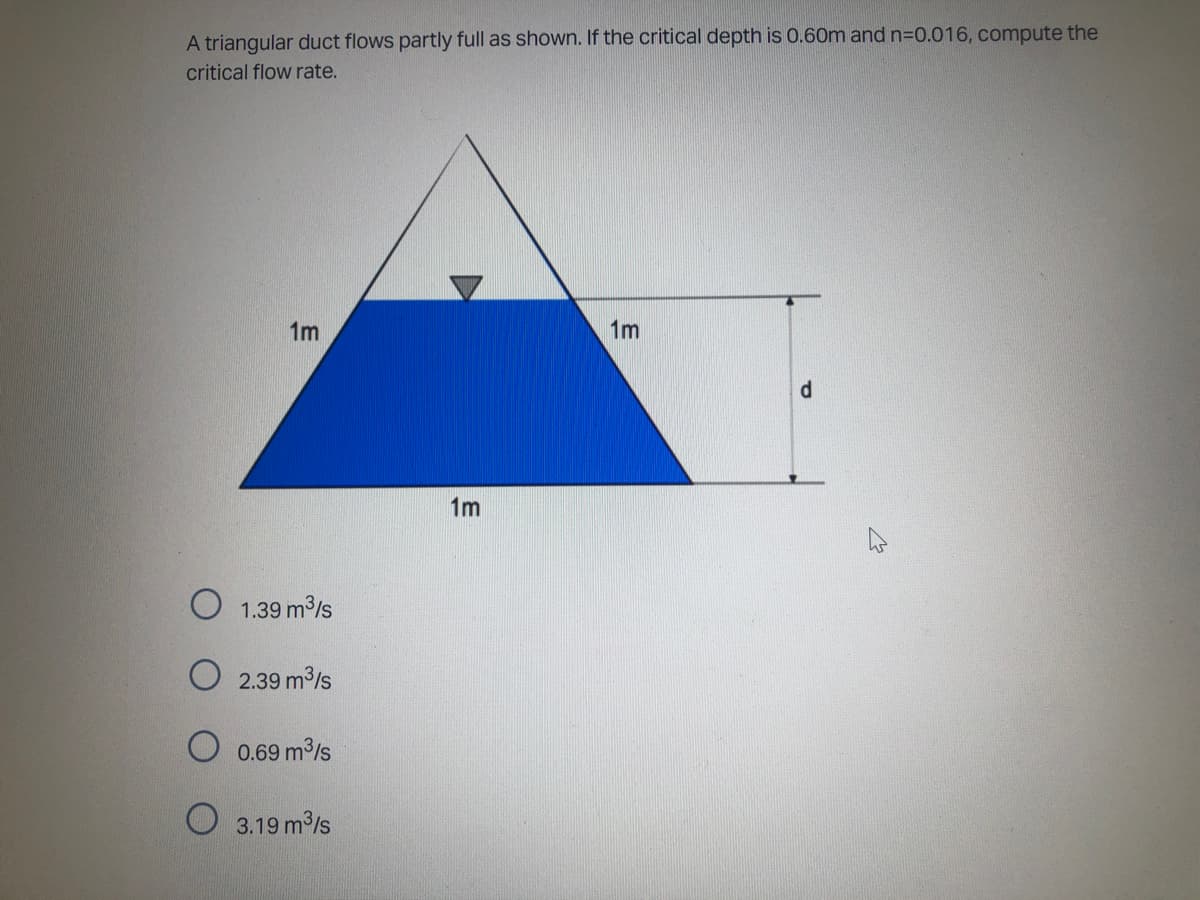 A triangular duct flows partly full as shown. If the critical depth is 0.60m and n=0.016, compute the
critical flow rate.
1m
1m
d
1.39 m³/s
2.39 m³/s
0.69 m³/s
3.19 m³/s
1m