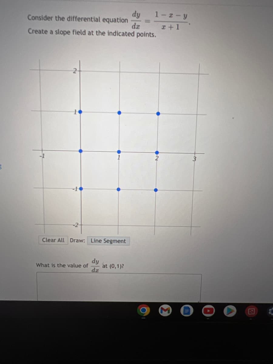 dy
Consider the differential equation
da
Create a slope field at the indicated points.
Clear All Draw: Line Segment
What is the value of
dy
da
at (0,1)?
1-z-y
x + 1