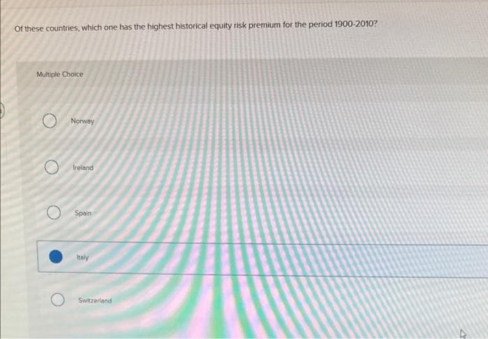 Of these countries, which one has the highest historical equity risk premium for the period 1900-2010?
Multiple Choice
Norway
Ireland
Spain
Italy
Switzerland
4