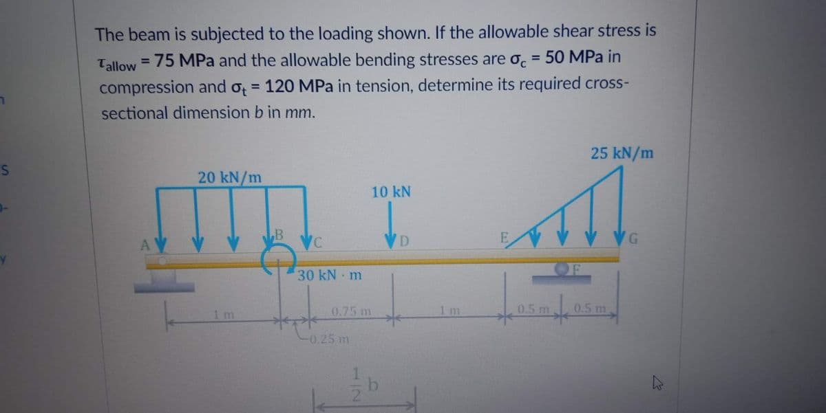 The beam is subjected to the loading shown. If the allowable shear stress is
Tallow = 75 MPa and the allowable bending stresses are o, = 50 MPa in
compression and o = 120 MPa in tension, determine its required cross-
%3D
%3D
%3D
sectional dimension b in mm.
25 kN/m
20 kN/m
10 kN
B
VC
VD
E
VG
A
30 kN m
1 m
0.75 m
1 m
0.5 m
0.5 m
-0.25 m
b.
1/2
