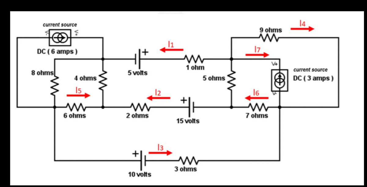 current source
9 ohms
DC (6 amps )
17
V4
1 ohm
current source
8 ohms
5 volts
4 ohms
5 ohms
DC ( 3 amps )
15
16
6 ohms
2 ohms
7 ohms
15 volts
13
3 ohms
10 volts
