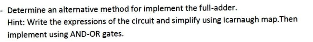 Determine an alternative method for implement the full-adder.
Hint: Write the expressions of the circuit and simplify using icarnaugh map.Then
implement using AND-OR gates.
