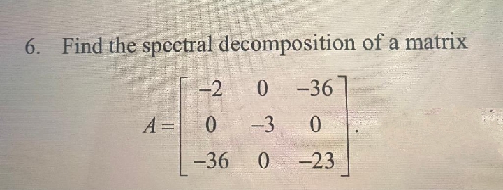 6. Find the spectral decomposition of a matrix
0-36
-3 0
0-23
-2
A = 0
-36