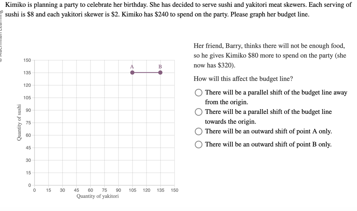 Kimiko is planning a party to celebrate her birthday. She has decided to serve sushi and yakitori meat skewers. Each serving of
sushi is $8 and each yakitori skewer is $2. Kimiko has $240 to spend on the party. Please graph her budget line.
Quantity of sushi
150
135
120
105
90
75
60
45
30
15
O
O
15
30
45 60 75 90
Quantity of yakitori
A
105
120
B
135
150
Her friend, Barry, thinks there will not be enough food,
so he gives Kimiko $80 more to spend on the party (she
now has $320).
How will this affect the budget line?
There will be a parallel shift of the budget line away
from the origin.
There will be a parallel shift of the budget line
towards the origin.
There will be an outward shift of point A only.
There will be an outward shift of point B only.