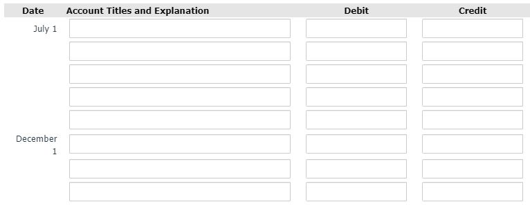 Date
Account Titles and Explanation
Debit
Credit
July 1
December
1
