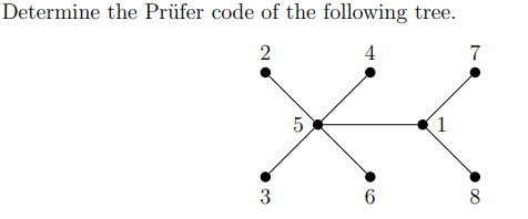 Determine the Prüfer code of the following tree.
2
4
3
5
6
1
7
8