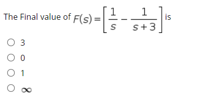 1
is
The Final value of F(s)
s+3
O 3
O 1
O 00
