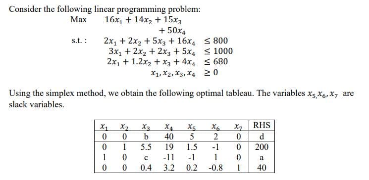 Consider the following linear programming problem:
Max
16x, + 14x2 + 15x3
+ 50x4
2x1 + 2x2 + 5x3 + 16x4 < 800
3x1 + 2x2 + 2x3 + 5x4 < 1000
2x1 + 1.2x2 + x3 + 4x4 < 680
X1, X2, X3, X4 20
s.t. :
Using the simplex method, we obtain the following optimal tableau. The variables x5 X6, x, are
slack variables.
X1
X2
X3
RHS
X4
40
b
X5
5
X6
X7
d.
1
5.5
19
1.5
-1
200
1
-11
-1
1
0.4
3.2
0.2
-0.8
1
40
