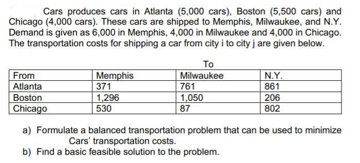 Cars produces cars in Atlanta (5,000 cars), Boston (5,500 cars) and
Chicago (4,000 cars). These cars are shipped to Memphis, Milwaukee, and N.Y.
Demand is given as 6,000 in Memphis, 4,000 in Milwaukee and 4,000 in Chicago.
The transportation costs for shipping a car from city i to city j are given below.
To
From
Atlanta
Boston
Memphis
371
Milwaukee
761
N.Y.
861
206
1,296
530
1,050
87
Chicago
802
a) Formulate a balanced transportation problem that can be used to minimize
Cars' transportation costs.
b) Find a basic feasible solution to the problem.
