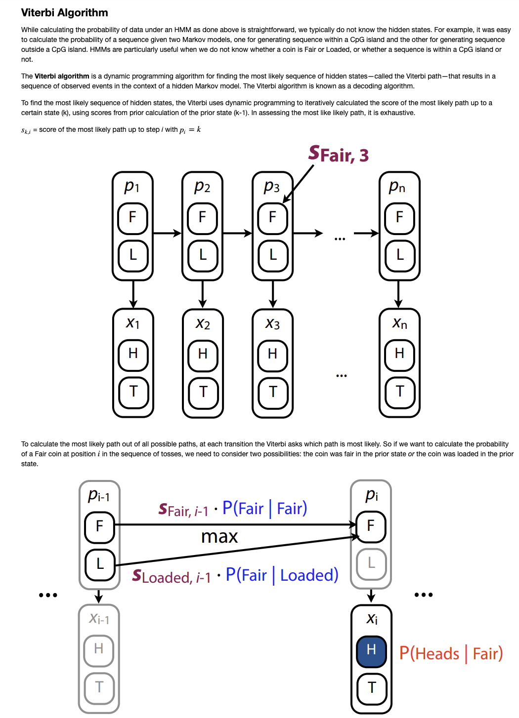 Viterbi Algorithm
While calculating the probability of data under an HMM as done above is straightforward, we typically do not know the hidden states. For example, it was easy
to calculate the probability of a sequence given two Markov models, one for generating sequence within a CpG island and the other for generating sequence
outside a CpG island. HMMs are particularly useful when we do not know whether a coin is Fair or Loaded, or whether a sequence is within a CpG island or
not.
The Viterbi algorithm is a dynamic programming algorithm for finding the most likely sequence of hidden states-called the Viterbi path-that results in a
sequence of observed events in the context of a hidden Markov model. The Viterbi algorithm is known as a decoding algorithm.
To find the most likely sequence of hidden states, the Viterbi uses dynamic programming to iteratively calculated the score of the most likely path up to a
certain state (k), using scores from prior calculation of the prior state (k-1). In assessing the most like likely path, it is exhaustive.
Sk,i = score of the most likely path up to step / with p; = k
SFair, 3
:
...
Pi-1
00
Xi-1
H
P₁
F
T
X1
H
T
2 - -
F
L
→
X2
H
T
24
F
To calculate the most likely path out of all possible paths, at each transition the Viterbi asks which path is most likely. So if we want to calculate the probability
of a Fair coin at position i in the sequence of tosses, we need to consider two possibilities: the coin was fair in the prior state or the coin was loaded in the prior
state.
X3
H
T
SFair, i-1 • P(Fair | Fair)
max
SLoaded, i-1 P(Fair | Loaded)
Pi
F
L
Xi
Pn
F
*BE
T
Xn
HP(Heads | Fair)