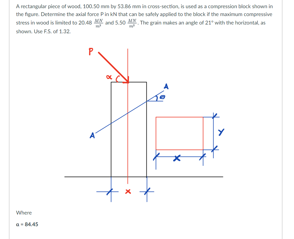 A rectangular piece of wood, 100.50 mm by 53.86 mm in cross-section, is used as a compression block shown in
the figure. Determine the axial force P in kN that can be safely applied to the block if the maximum compressive
stress in wood is limited to 20.48 MN and 5.50 MN. The grain makes an angle of 21° with the horizontal, as
m²
m²
shown. Use F.S. of 1.32.
P
Y
Where
a = 84.45