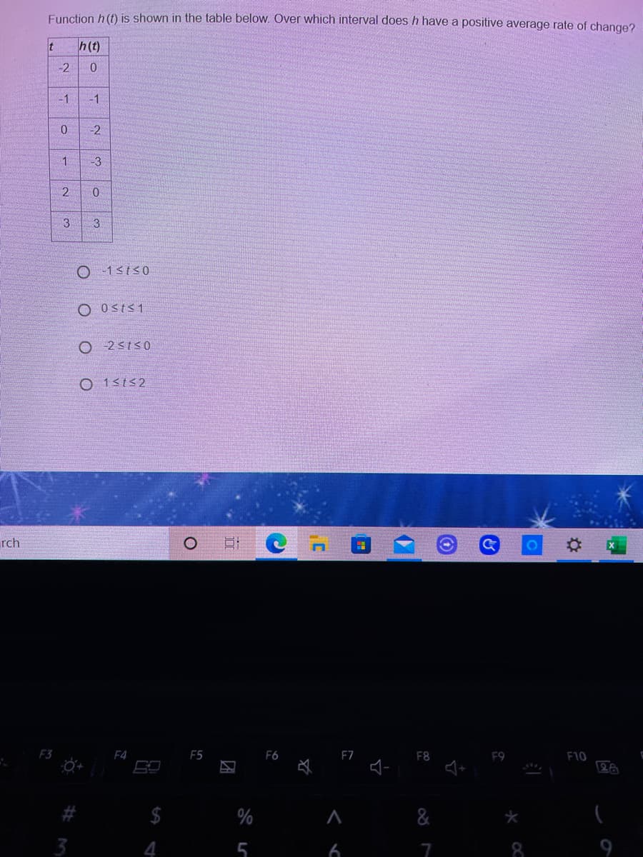 Eunction h (t) is shown in the table below. Over which interval does h have a positive average rate of change?
h(t)
-2
-1
-1
-2
-3
3
O Osts1
O 2st30
O 1<t52
rch
F3
F4
F5
F6
F7
F8
F9
F10
$
%
&
3
4
5
6
8.
9
