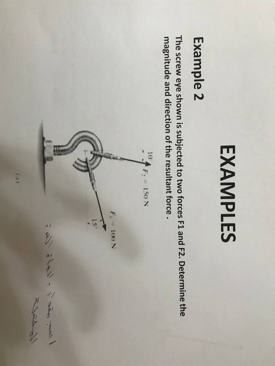 EXAMPLES
Example 2
The screw eye shown is subjected to two forces F1 and F2. Determine the
magnitude and direction of the resultant force.
10
F = 150 N
F - 100 N
15
led oll
(a)
