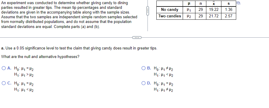 An experiment was conducted to determine whether giving candy to dining
parties resulted in greater tips. The mean tip percentages and standard
deviations are given in the accompanying table along with the sample sizes.
Assume that the two samples are independent simple random samples selected
from normally distributed populations, and do not assume that the population
standard deviations are equal. Complete parts (a) and (b).
No candy
29
19.22
1.36
Two candies
H2
29
21.72
2.57
...
a. Use a 0.05 significance level to test the claim that giving candy does result in greater tips.
What are the null and alternative hypotheses?
O A. Hg: H1 = H2
H1: H1 > H2
O B. Ho: H1 #H2
O C. Ho: H1 = H2
H1: H1<H2
D. Ho: H1 =H2
H1: H1 # H2
