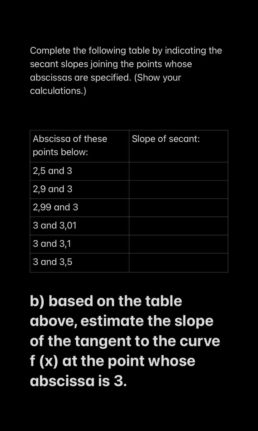 Complete the following table by indicating the
secant slopes joining the points whose
abscissas are specified. (Show your
calculations.)
Abscissa of these
points below:
2,5 and 3
2,9 and 3
2,99 and 3
3 and 3,01
3 and 3,1
3 and 3,5
Slope of secant:
b) based on the table
above, estimate the slope
of the tangent to the curve
f (x) at the point whose
abscissa is 3.