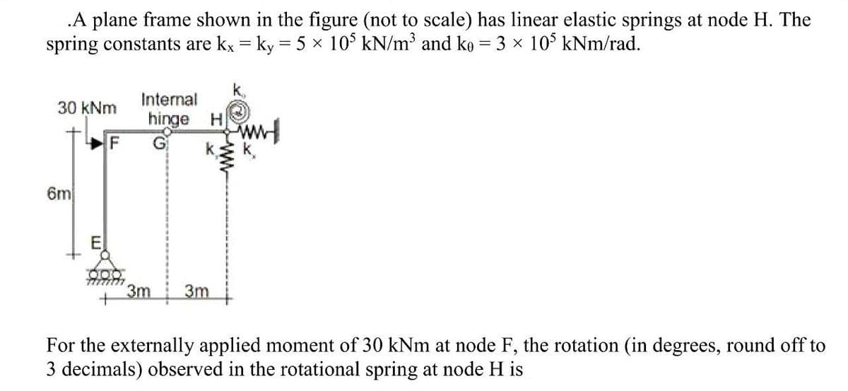 .A plane frame shown in the figure (not to scale) has linear elastic springs at node H. The
spring constants are kx = ky = 5 x 105 kN/m³ and ke = 3 × 105 kNm/rad.
30 kNm
6m
F
Internal
hinge H
3m
3m
ww
For the externally applied moment of 30 kNm at node F, the rotation (in degrees, round off to
3 decimals) observed in the rotational spring at node H is