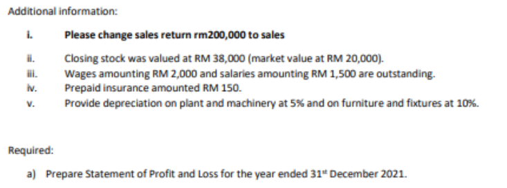 Additional information:
i.
ii.
iv.
V.
Please change sales return rm200,000 to sales
Closing stock was valued at RM 38,000 (market value at RM 20,000).
Wages amounting RM 2,000 and salaries amounting RM 1,500 are outstanding.
Prepaid insurance amounted RM 150.
Provide depreciation on plant and machinery at 5% and on furniture and fixtures at 10%.
Required:
a) Prepare Statement of Profit and Loss for the year ended 31" December 2021.